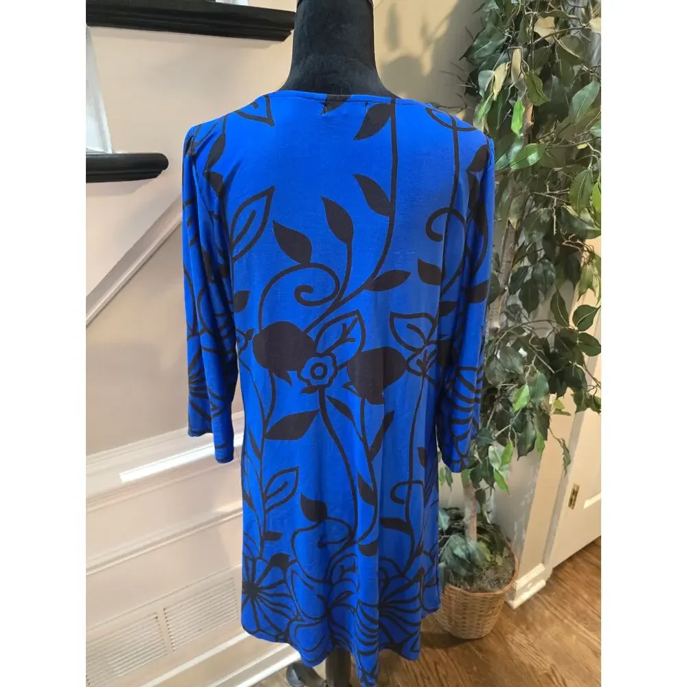 R&B Collection Midi Dress Women's 1X Blue Floral Casual Loose Fit Long Sleeves - Picture 7 of 11